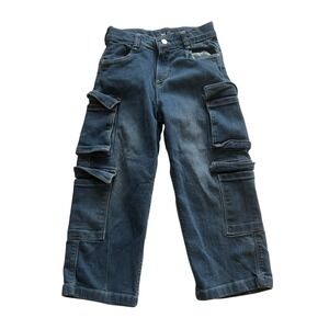 Real Love Girls' Size 6 Cargo Jeans Wide Leg Medium Wash Pockets Adjustable